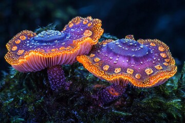 Two isolated mushrooms with orange and purple caps