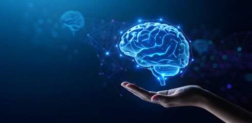 Hand holding a human brain, representing a futuristic concept of intelligence, science, and the power of the mind. Ideal for technology, medical, and scientific visuals.