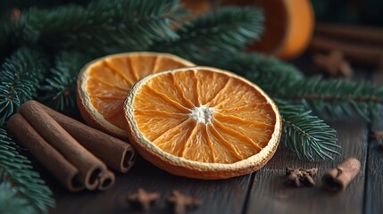 Dark wood background with dried orange slices, pine branches, and cinnamon sticks arranged around a spacious copyspace, warm holiday glow, hd clarity, cozy and festive ambiance. --ar 16:9