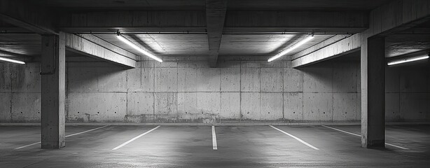 Fototapete - Abstract empty concrete wall background with parking space. Black and white image of an indoor or outdoor car park, with blank space for design