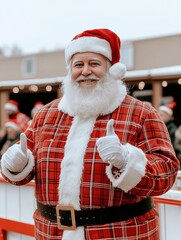 Cheerful Santa Claus in a red and white outfit giving a thumbs up gesture, embodying the festive spirit of Christmas, with a blurred background of holiday cheer.