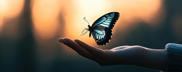 Butterfly resting on a hand, soft bokeh background