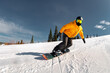 © cppzone - Active snowboarder rides at ski resort slope against blue sky and pine forest