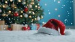 © aironamad - Cozy Christmas Scene with a Red Santa Hat Surrounded by Snow and Twinkling Lights