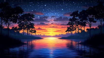 Poster - A serene sunset over a still lake, with a starry night sky reflecting in the water.