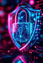 Poster - Cybersecurity Shield: Neon Padlock Icon, Futuristic Digital Protection