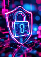 Poster - Cybersecurity Shield: Neon Padlock Icon, Futuristic Digital Protection