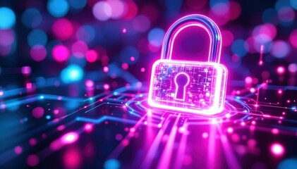 Poster - Cybersecurity Shield: Neon Padlock Icon, Futuristic Digital Protection