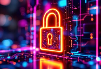 Poster - Cybersecurity Shield: Neon Padlock Icon, Futuristic Digital Protection