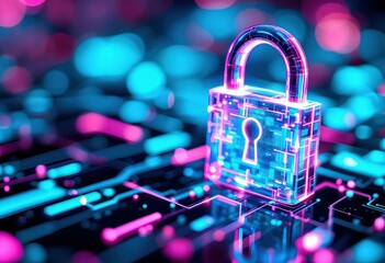 Poster - Cybersecurity Shield: Neon Padlock Icon, Futuristic Digital Protection