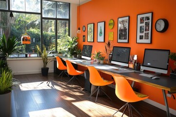 Aufkleber - Modern coworking creative office interior with orange chairs and wall