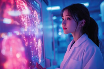Fototapete - Scientist working with interactive touchscreen display showing global data and futuristic interface in modern laboratory