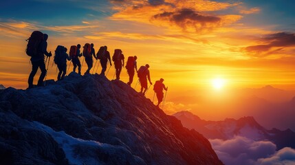 Wall Mural - Hikers walking on mountain ridge at sunset, achieving their goal together