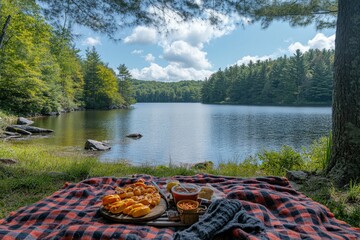 Delicious picnic food resting on blanket near peaceful lake surrounded by trees