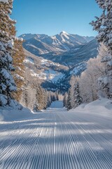 Wall Mural - Empty groomed ski slope descending into snowy valley surrounded by pine trees