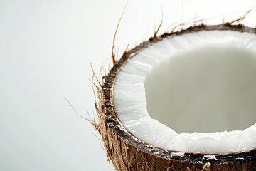 A close-up of a coconut half with visible water droplets, placed on a blank background with space for text, ideal for commercial advertisements. The focus is on the white flesh and clear water inside.