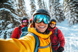 © Olga - Group of friends taking selfie at ski resort, having fun together on sunny day, wearing colorful snow gear and smiling at camera, with snow-covered trees in background.