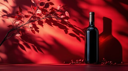 Wall Mural - Red wine bottle mockup. Standart wine bottle sitting on rustic wooden tabletop, plant shaddow on red wall background. Wallpaper with empty space mockup. Plain dark wine bottle template	