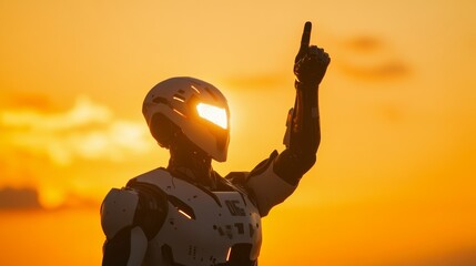Studio portrait photo of a futuristic robot pointing upwards with a glowing hand studio shot isolated over sunset orange background