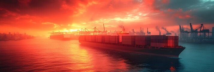 Poster - Breathtaking aerial view of a vibrant cargo harbor at sunset,with towering loading cranes and massive container ships silhouetted against a fiery,moody sky.