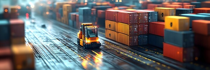 Poster - Busy nighttime cityscape with cargo containers and transportation vehicles in motion at a logistics hub,showcasing the efficiency and connectivity of the global supply chain and distribution network.