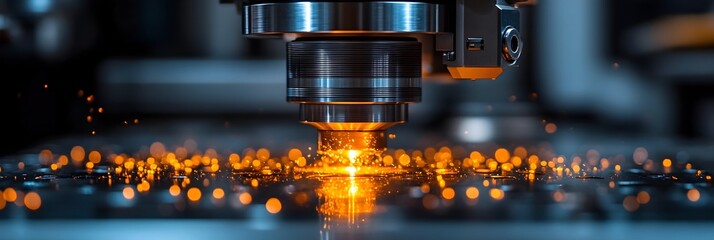 Leinwandbilder - Closeup view of a high-tech laser cutting machine intensely sparking and slicing through metal during an industrial manufacturing process.