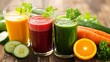 © K9 STUDIOS - A vibrant display of fresh juices in glasses, featuring cucumber, carrot, and orange, showcasing healthy ingredients and colorful presentation.