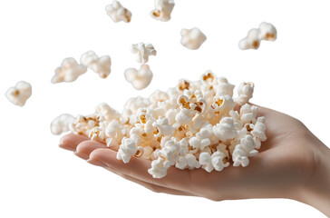 Poster - 3D rendering of white and golden crispy popcorn on the hands isolated on transparent background for food and snack themes
