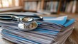 © B 7 YOU - A stethoscope lies on a stack of medical files, symbolizing the weight and responsibility of healthcare professionals.