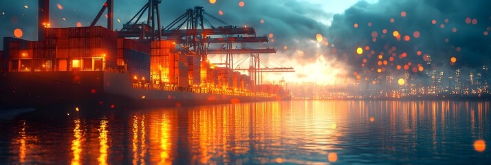 Poster - Dramatic nighttime view of a bustling seaport with massive cargo cranes and stacks of illuminated shipping containers under a moody,cloudy sky.