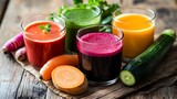 A vibrant display of colorful, fresh vegetable juices in glasses, alongside sliced vegetables on a wooden surface.