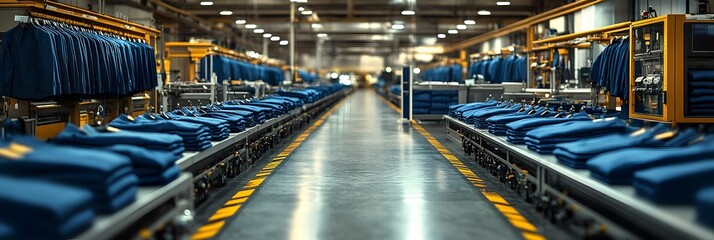 Expansive organized industrial warehouse interior with rows of blue metal shelves and stacked boxes.