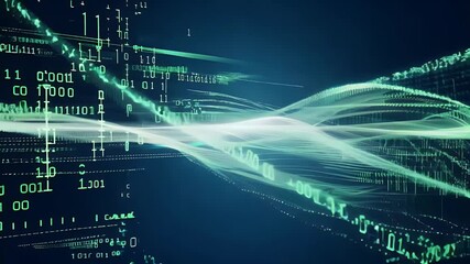 An abstract digital landscape with flowing binary code and dynamic light patterns.