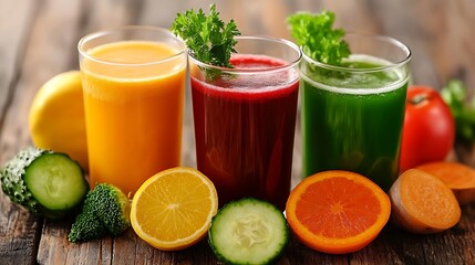 Brightly colored smoothies in glasses, accompanied by fresh fruits and vegetables, showcase healthy, vibrant beverages on a rustic wooden surface.