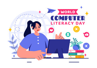 Wall Mural - World Computer Literacy Day Vector Illustration on December 2, Featuring Books and Media Equipment to Promote Education in a Flat Style Background