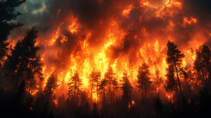 Poster - Intense and ferocious wildfire raging through a dense forest,with towering flames consuming the trees and thick smoke billowing into the sky.