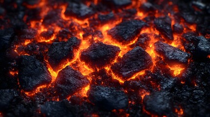 Poster - Intense and Raging Inferno of Fiery Red and Orange Glowing Embers,Scorching Hot Flames Engulfing Charcoal Coal in a Campfire or Fireplace. Concept of Energy,Heat,Light,and Combustion.