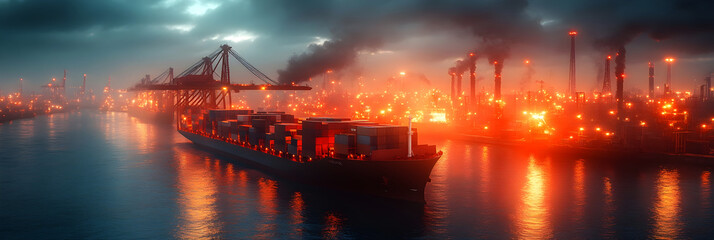 Poster - Majestic container ships and towering cargo cranes illuminate the bustling night sky of a thriving seaport metropolis,showcasing the dynamic heart of global trade and commerce.
