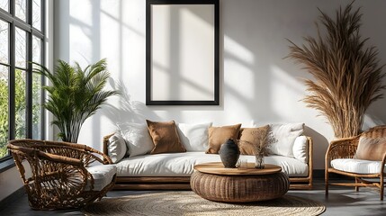 Poster - Minimalist Black Frame Mockup Displayed on Clean White Wall in Scandinavian-Inspired Living Space with Soft Textures and Elegant Decor