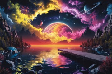 Wall Mural - A surreal, highly detailed image of a cosmic sunset over a tranquil lake with vibrant colors