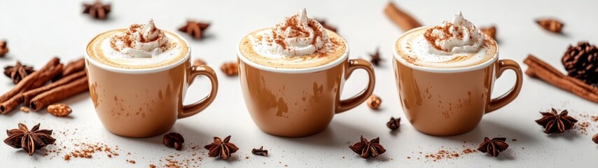 Three steaming cups of spiced coffee topped with whipped cream and sprinkled cinnamon, surrounded by star anise, cinnamon sticks, and festive decorations.