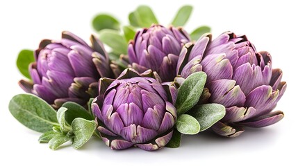 Leinwandbilder - Vibrant purple artichoke flowers with lush green leaves blooming together in a natural garden setting. The delicate petals and intricate floral structure create a beautiful,botanical composition.