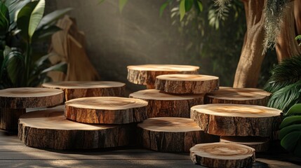 Wall Mural - stacked wood slices arranged in a circular pattern, with sunlight peeking through foliage.