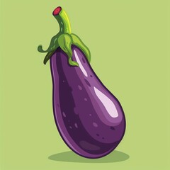 Bright illustration of a fresh purple eggplant on a green background, showcasing its vibrant color and natural shape.