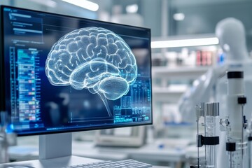 Fototapete - neural ai brain in lab for futuristic research, machine learning.