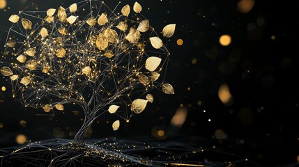 Poster - Digital Tree with Golden Leaves in Abstract Style