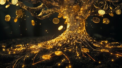 Poster - Futuristic Golden Tree Shaped Like a Crypto Network