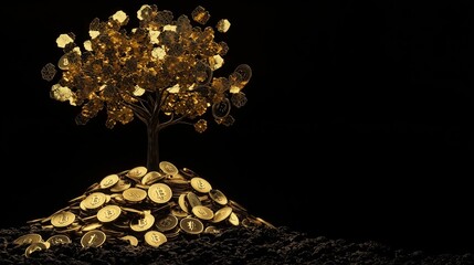 Golden Tree with Cryptocurrency Coins on Black Background