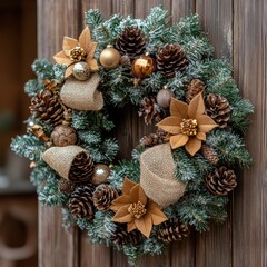 Rustic christmas wreath with pinecones and gold poinsettias on wooden door