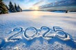 © Jason - 2025 written on snow in winter landscape. Spring season transition